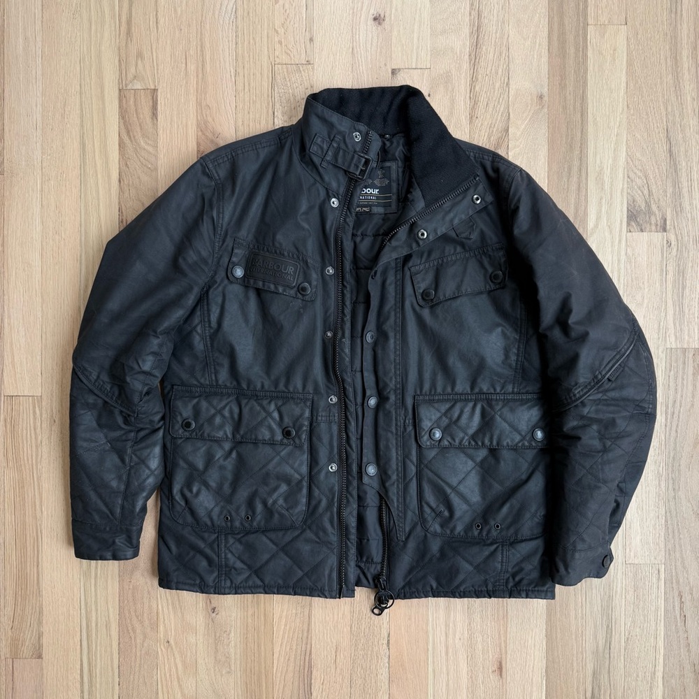 Barbour International Quilted Trail Jacket Waxed Cotton Black Men’s Large
